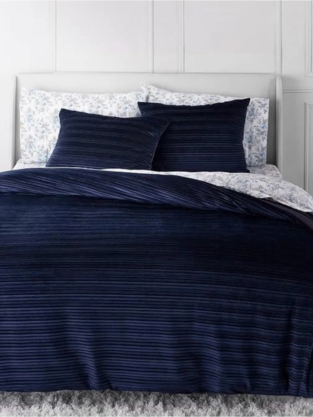 3 Pc Martha Stewart Duvet Cover Set Luxury Navy Blue Velvet Stripe Queen
